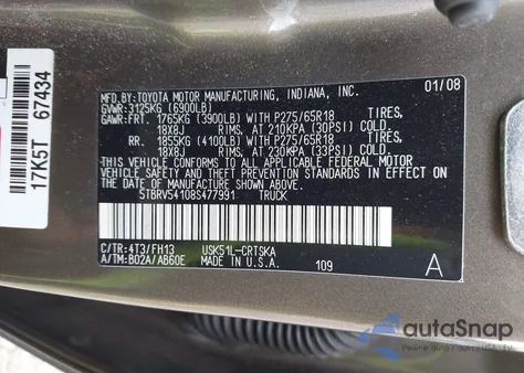 2008 Toyota Tundra Sr5 5.7L V8 from USA, damaged, VIN 5TBRV54108S477991